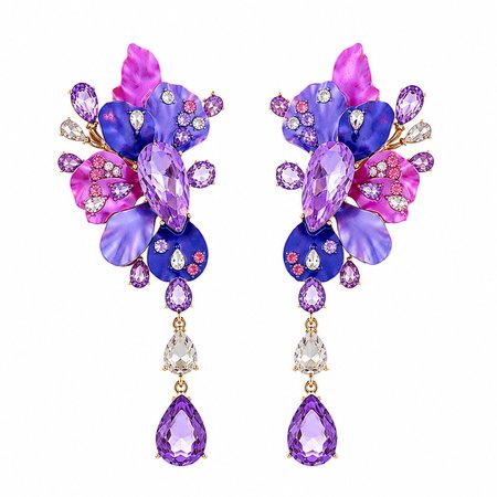 Violetta – długie kolczyki kwiatowe z fioletowymi kryształkami pozłacane 14K | Chloe DIAMOND