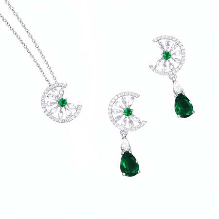 Selena – elegancki zestaw biżuterii z zielonymi i białymi kamieniami w srebrnym kolorze | Chloe DIAMOND