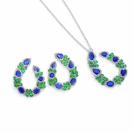 Celine – elegancki zestaw biżuterii z zielonymi i niebieskimi kamieniami w srebrnym kolorze | Chloe DIAMOND