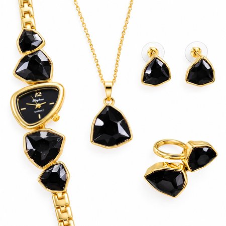 Crystaline Black – damski zegarek złoty + naszyjnik, kolczyki i pierścionek z czarnymi kryształkami | Chloe DIAMOND