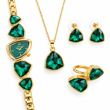 Crystaline Emerald – damski zegarek złoty + naszyjnik, kolczyki i pierścionek z zielonymi kryształkami | Chloe DIAMOND