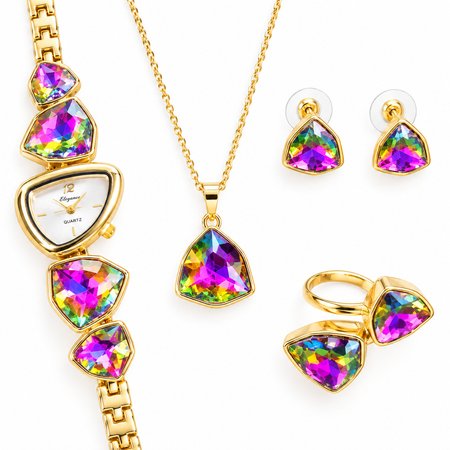 Crystaline Multicolor – damski zegarek złoty + naszyjnik, kolczyki i pierścionek z kryształkami multicolor | Chloe DIAMOND