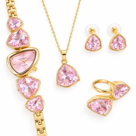 Crystaline Rose – damski zegarek złoty + naszyjnik, kolczyki i pierścionek z różowymi kryształkami | Chloe DIAMOND