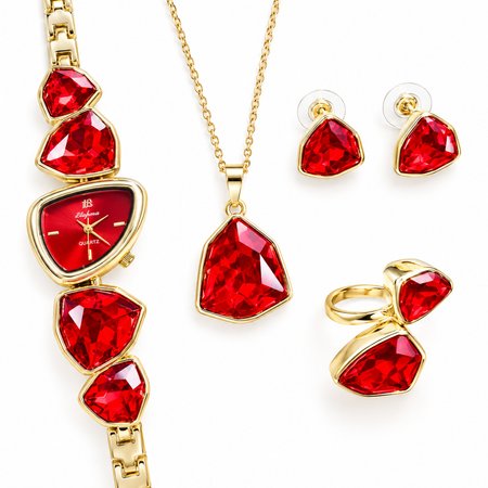 Crystaline Red – damski zegarek złoty + naszyjnik, kolczyki i pierścionek z czerwonymi kryształkami | Chloe DIAMOND