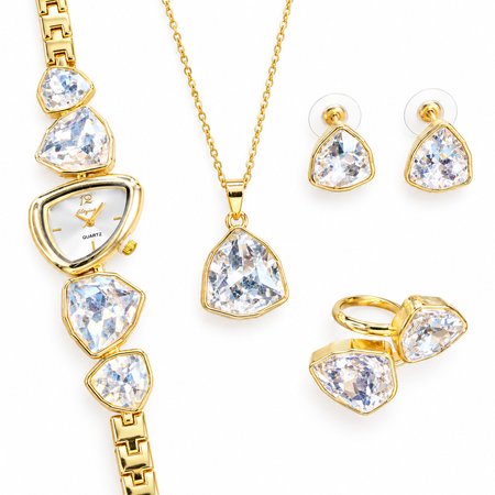 Crystaline White – damski zegarek złoty + naszyjnik, kolczyki i pierścionek z białymi kryształkami | Chloe DIAMOND
